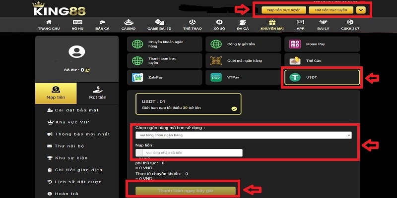 Thao tác nạp tiền KING88 bằng USDT